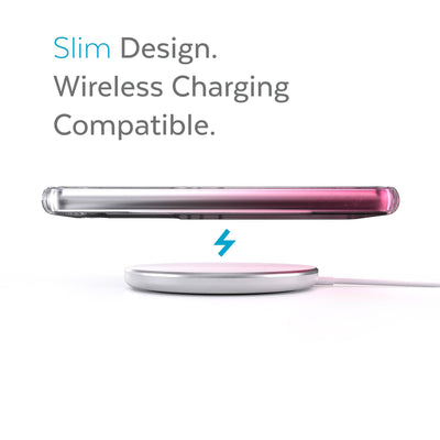 Side view of phone case over wireless charger - Slim design. Wireless charging compatible.