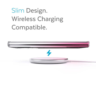 Side view of phone case over wireless charger - Slim design. Wireless charging compatible.