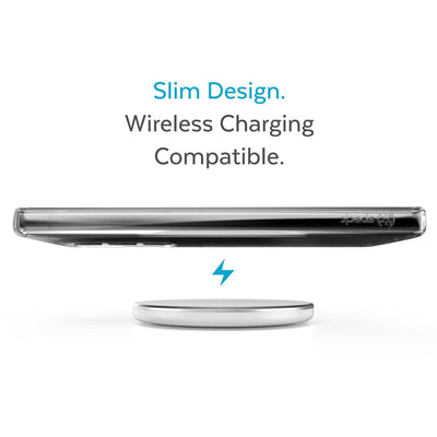 Side view of phone case hovering above a wireless charger - Slim design. Wireless charging compatible.