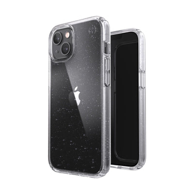 Three-quarter view of back of phone case simultaneously shown with three-quarter front view of phone case#color_clear-platinum-glitter