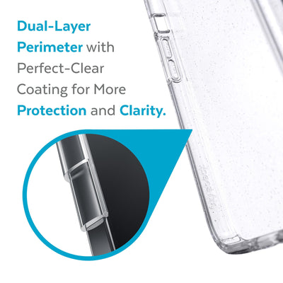 View of interior of phone case with close up on cutaway of side wall - Dual-layer perimeter with Perfect-Clear coating for more protection and clarity.#color_clear-platinum-glitter