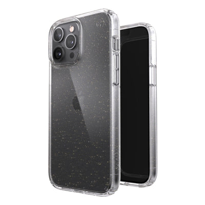 Three-quarter view of back of phone case simultaneously shown with three-quarter front view of phone case#color_clear-gold-glitter