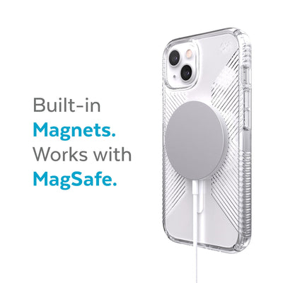 Three-quarter view of back of phone case with MagSafe charger attached - Built-in magnets. Works with MagSafe.#color_clear-white