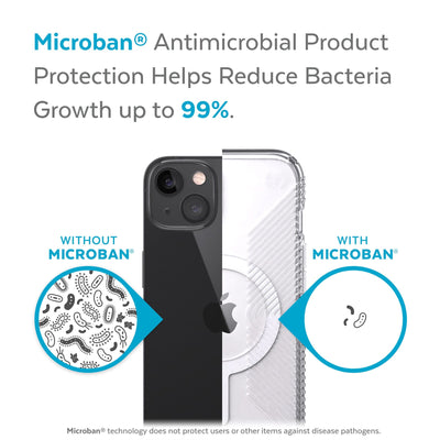 Back view, half without case, other with case, less germs on case - Microban antimicrobial product protection helps reduce bacteria growth up to 99%.#color_clear-white