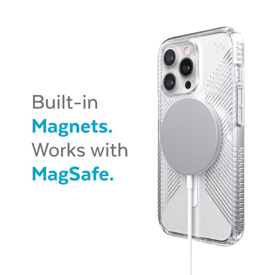 Three-quarter view of back of phone case with MagSafe charger attached - Built-in magnets. Works with MagSafe.#color_clear