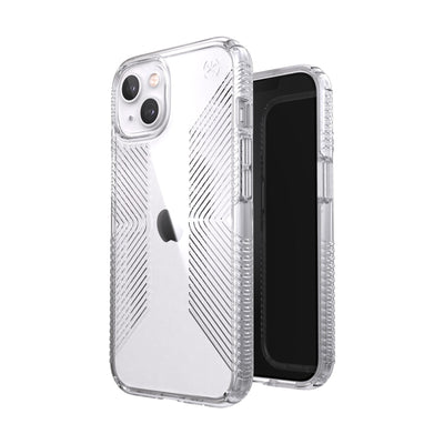 Three-quarter view of back of phone case simultaneously shown with three-quarter front view of phone case.#color_clear
