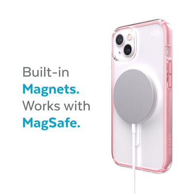 Three-quarter view of back of phone case with MagSafe charger attached - Built-in magnets. Works with MagSafe.#color_clear-rosy-pink