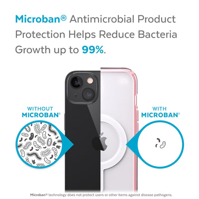 Back view, half without case, other with case, less germs on case - Microban antimicrobial product protection helps reduce bacteria growth up to 99%.#color_clear-rosy-pink