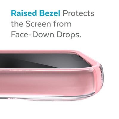 View of top of phone case laying on its back - Raised bezel protects the screen from face-down drops.#color_clear-rosy-pink