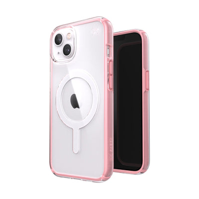 Three-quarter view of back of phone case simultaneously shown with three-quarter front view of phone case.#color_clear-rosy-pink