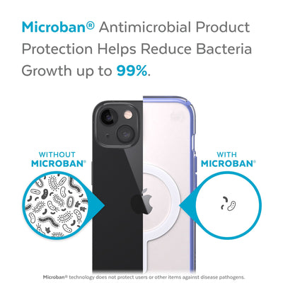 Back view, half without case, other with case, less germs on case - Microban antimicrobial product protection helps reduce bacteria growth up to 99%.#color_clear-grounded-purple