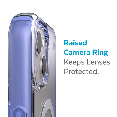 Slightly tilted view of side of phone case showing phone cameras - Raised camera ring keeps lenses protected.#color_clear-grounded-purple