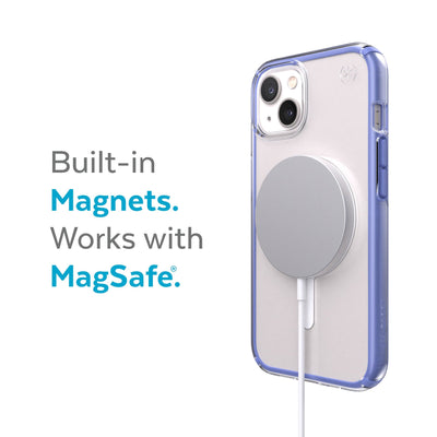 Three-quarter view of back of phone case with MagSafe charger attached - Built-in magnets. Works with MagSafe.#color_clear-grounded-purple