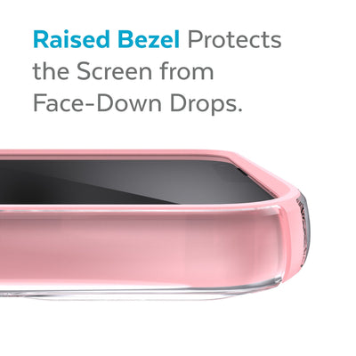 View of top of phone case laying on its back - Raised bezel protects the screen from face-down drops.#color_clear-rosy-pink
