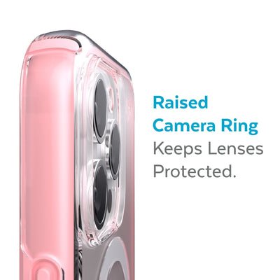 Slightly tilted view of side of phone case showing phone cameras - Raised camera ring keeps lenses protected.#color_clear-rosy-pink