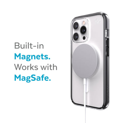 Three-quarter view of back of phone case with MagSafe charger attached - Built-in magnets. Works with MagSafe.#color_clear-black