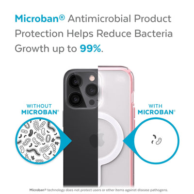 Back view, half without case, other with case, less germs on case - Microban antimicrobial product protection helps reduce bacteria growth up to 99%.#color_clear-rosy-pink