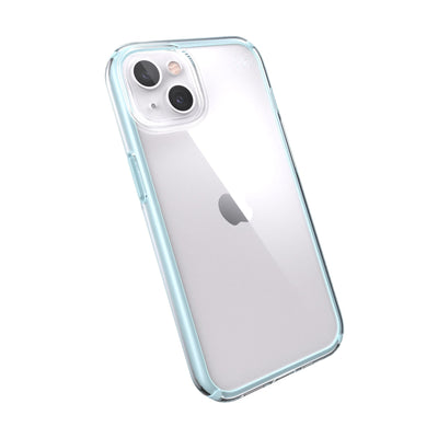 Tilted three-quarter angled view of back of phone case.#color_clear-fountain-teal
