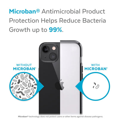 Back view, half without case, other with case, less germs on case - Microban antimicrobial product protection helps reduce bacteria growth up to 99%.#color_clear-black