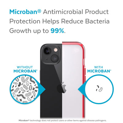 Back view, half without case, other with case, less germs on case - Microban antimicrobial product protection helps reduce bacteria growth up to 99%.#color_clear-unreal-red