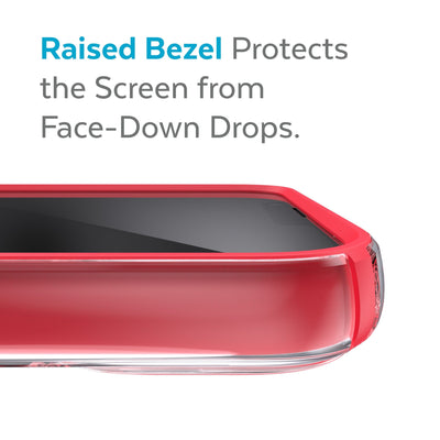 View of top of phone case laying on its back - Raised bezel protects the screen from face-down drops.#color_clear-unreal-red