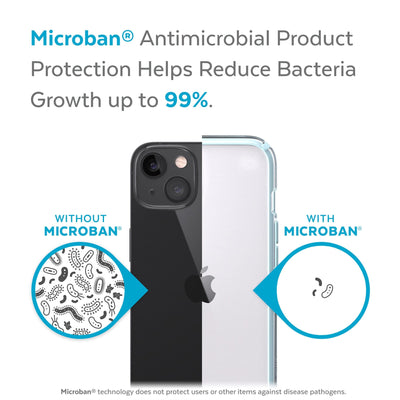 Back view, half without case, other with case, less germs on case - Microban antimicrobial product protection helps reduce bacteria growth up to 99%.#color_clear-fountain-teal