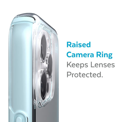 Slightly tilted view of side of phone case showing phone cameras - Raised camera ring keeps lenses protected.#color_clear-fountain-teal