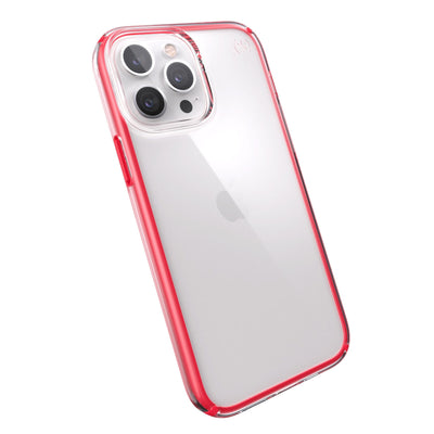 Tilted three-quarter angled view of back of phone case.#color_clear-unreal-red