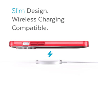 Side view of phone case over wireless charger - Slim design. Wireless charging compatible.#color_clear-unreal-red