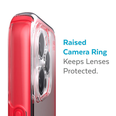 Slightly tilted view of side of phone case showing phone cameras - Raised camera ring keeps lenses protected.#color_clear-unreal-red