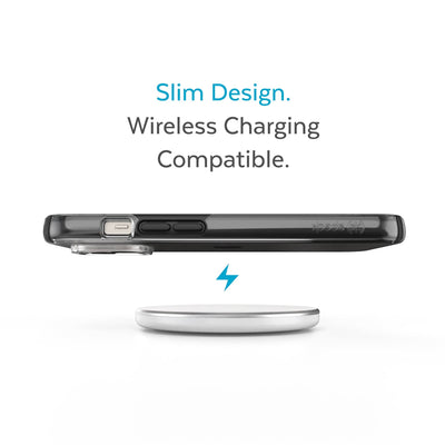 Side view of phone case hovering above a wireless charger - Slim design. Wireless charging compatible.#color_clear-black