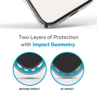 View of corner of phone case impacting ground with illustrations showing before and after impact - Two layers of protection with Impact Geometry.#color_clear-black