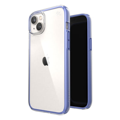 Three-quarter view of back of phone case simultaneously shown with three-quarter front view of phone case#color_clear-grounded-purple