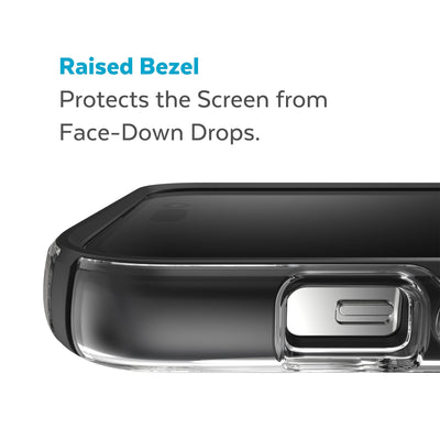 View of top of phone case laying on its back - Raised bezel protects the screen from face-down drops.#color_clear-black