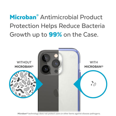Back view, half without case, other with case, less germs on case - Microban antimicrobial product protection helps reduce bacteria growth up to 99% on the case.#color_clear-grounded-purple