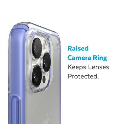 Slightly tilted view of side of phone case showing phone cameras - Raised camera ring keeps lenses protected.#color_clear-grounded-purple