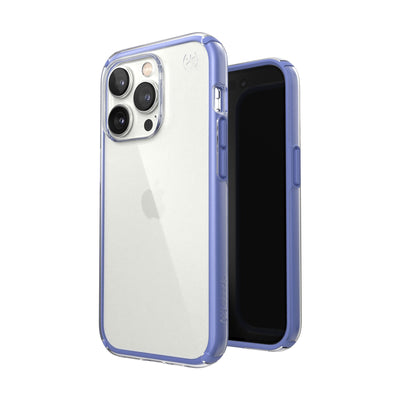 Three-quarter view of back of phone case simultaneously shown with three-quarter front view of phone case#color_clear-grounded-purple