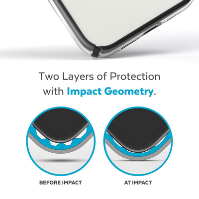 View of corner of phone case impacting ground with illustrations showing before and after impact - Two layers of protection with Impact Geometry.#color_clear-black