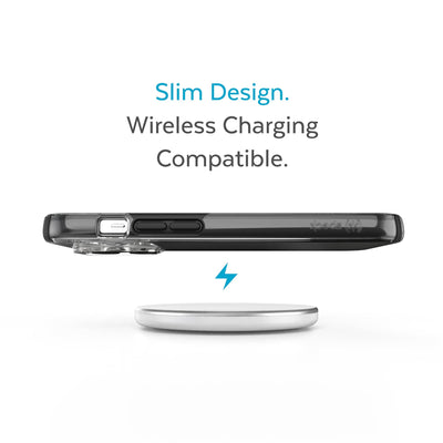 Side view of phone case hovering above a wireless charger - Slim design. Wireless charging compatible.#color_clear-black