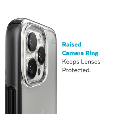 Slightly tilted view of side of phone case showing phone cameras - Raised camera ring keeps lenses protected.#color_clear-black