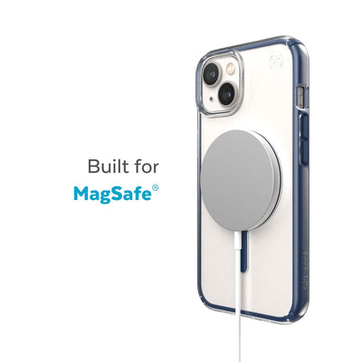 Three-quarter view of back of phone case with MagSafe charger attached - Built for MagSafe.#color_clear-coastal-blue