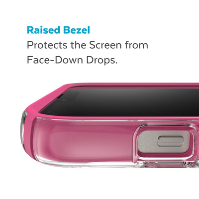 View of top of phone case laying on its back - Raised bezel protects the screen from face-down drops.#color_clear-digital-pink