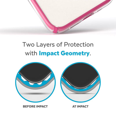View of corner of phone case impacting ground with illustrations showing before and after impact - Two layers of protection with Impact Geometry.#color_clear-digital-pink