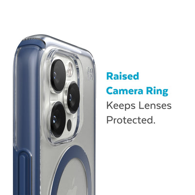 Slightly tilted view of side of phone case showing phone cameras - Raised camera ring keeps lenses protected.#color_clear-coastal-blue