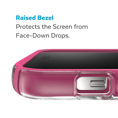 View of top of phone case laying on its back - Raised bezel protects the screen from face-down drops.#color_clear-digital-pink