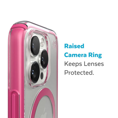 Slightly tilted view of side of phone case showing phone cameras - Raised camera ring keeps lenses protected.#color_clear-digital-pink