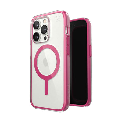 Three-quarter view of back of phone case simultaneously shown with three-quarter front view of phone case#color_clear-digital-pink