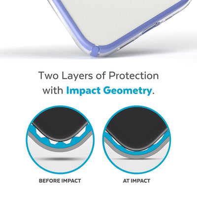 View of corner of phone case impacting ground with illustrations showing before and after impact - Two layers of protection with Impact Geometry.#color_clear-grounded-purple