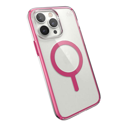 Tilted three-quarter angled view of back of phone case#color_clear-digital-pink