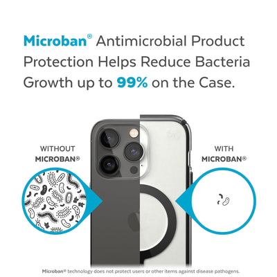Back view, half without case, other with case, less germs on case - Microban antimicrobial product protection helps reduce bacteria growth up to 99% on the case.#color_clear-black